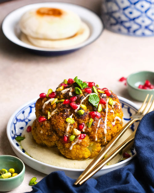 Whole Roasted Cauliflower with Hummus