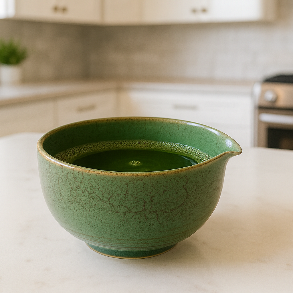 Green ceramic bowl on a kitchen counter with a blurred background